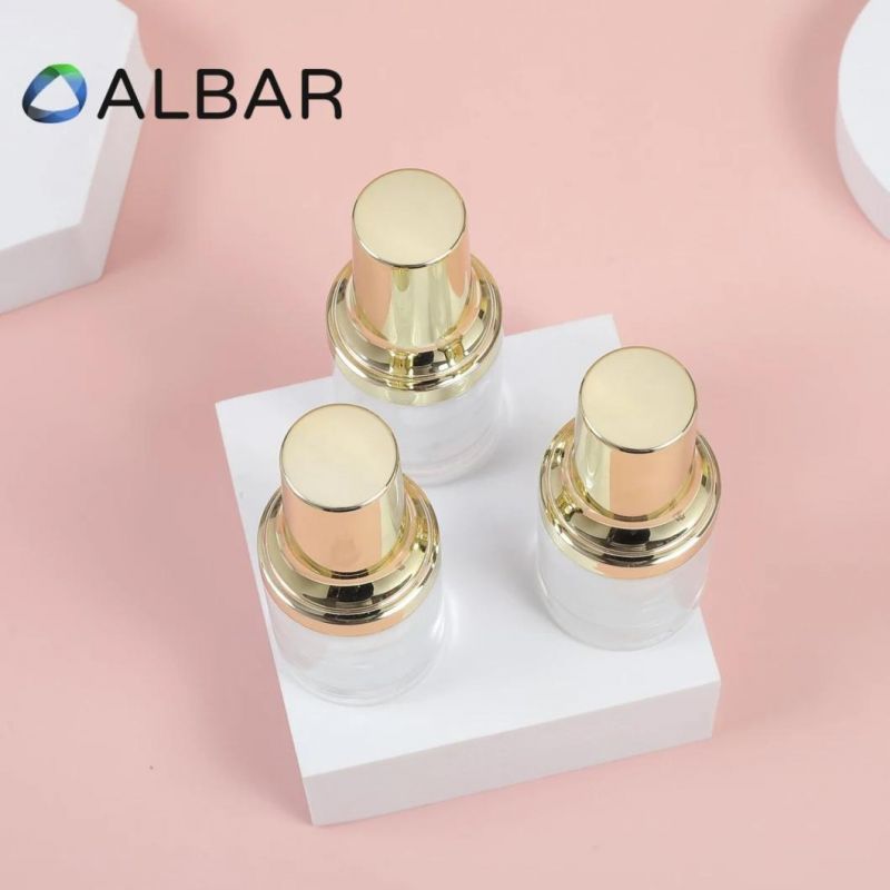 Thick Base Light Gold Fluid Pump Flat Shoulder Short Cylinder Cosmetic Glass Bottles