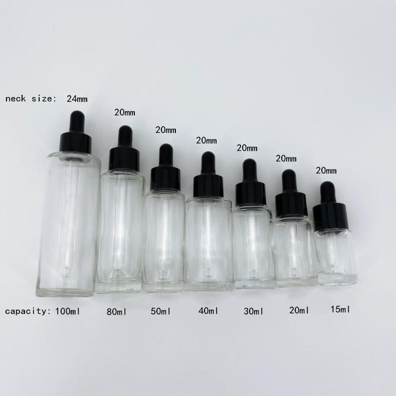 15ml-100ml Transparent Round Glass Essential Oil Bottle with Flat Shoulder Lotion Bottle