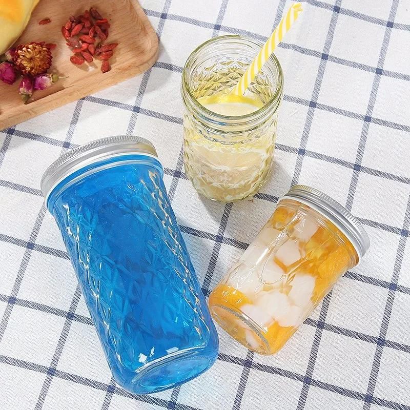 Empty Cone Shape Engraved Clear Glass Jam Honey Pickle Mason Jar with Sealed Lid