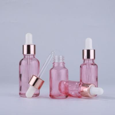 in Stock Hot Sales 30ml Cherry Pink Glass Dropper Bottle with Rose Gold Dropper for Essential Oil Serum