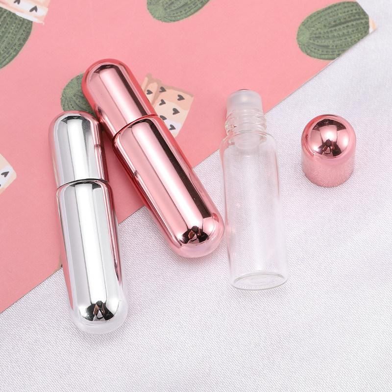 Stock Pink Transparent UV Cover 5ml Round Sample Roll on Ball Frosted Clear Glass Roller Bottle for Essential Oil