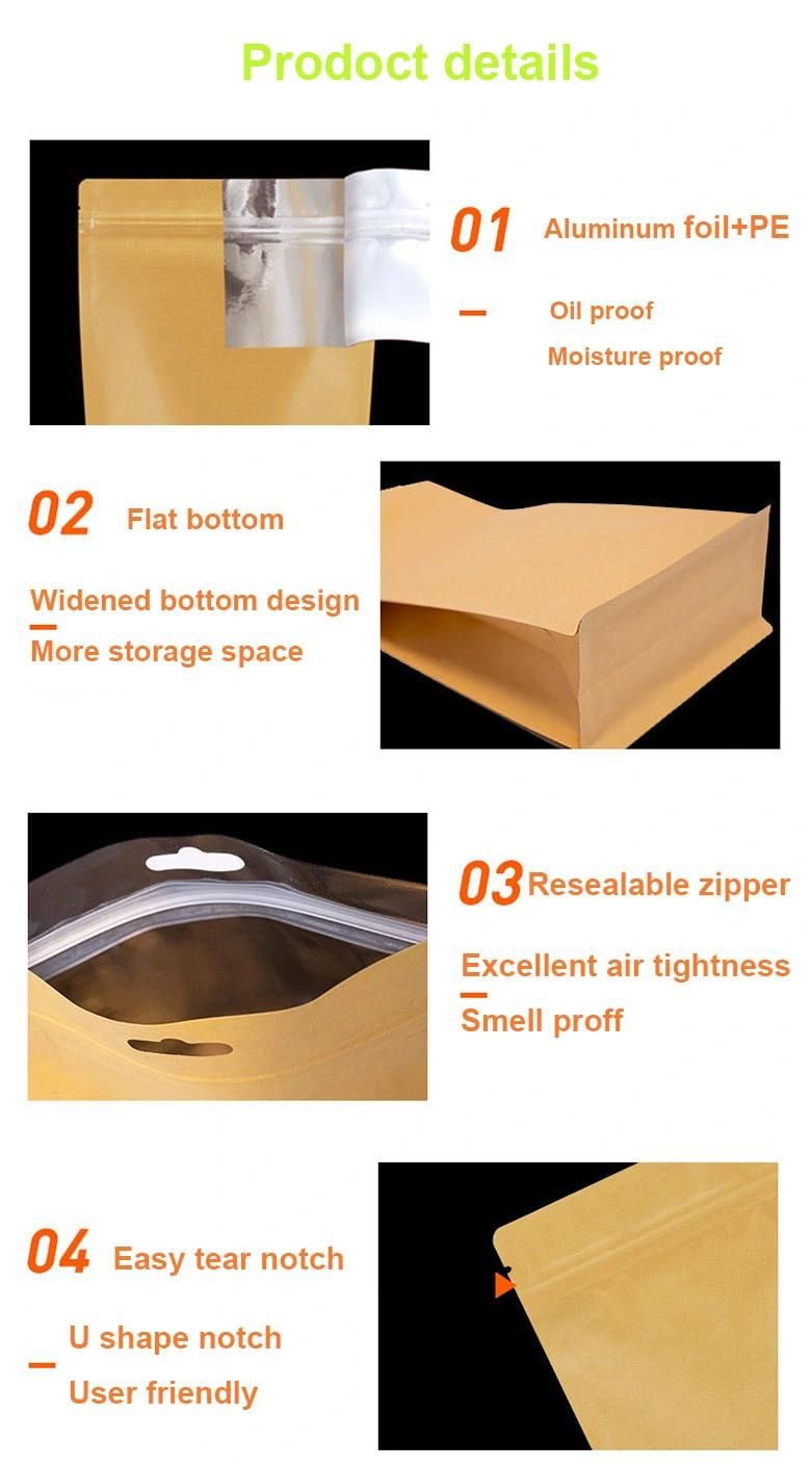 Kraft Paper Eight-Side Seal Self-Supporting Ziplock Bag Snack Food Dried Packaging Paper Bag