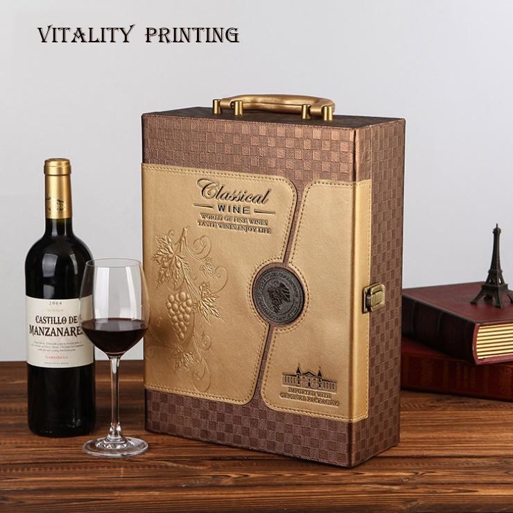 Custom Wholesale Rigid Wooden / PU Leather /Carboard Luxury Hand Carry Lock Display Christmas Wine Liquor Barware Storage Bottle Gift Packing Box