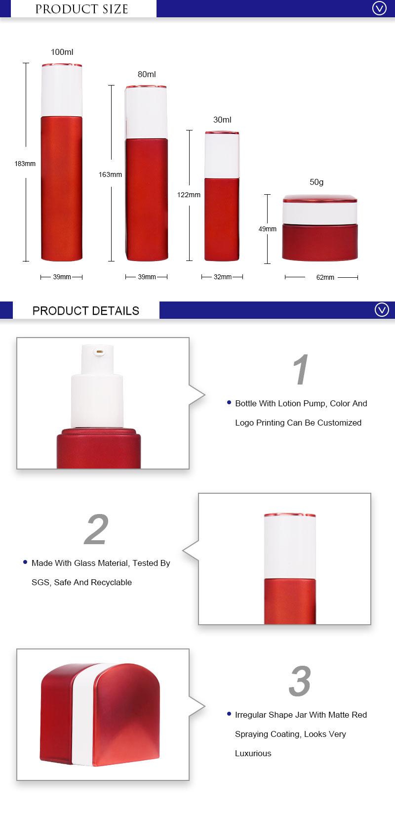 Luxurious Eco Friendly Cosmetic Packaging Red 30ml 80ml 100ml Square Glass Lotion Pump Bottles