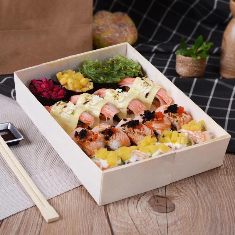 Customized Disposable Wooden Sushi Tray Fruit Salad Take Away to Go Food Container Cake Pastry Boxes Lunch Baking Packaging Takeaway Box