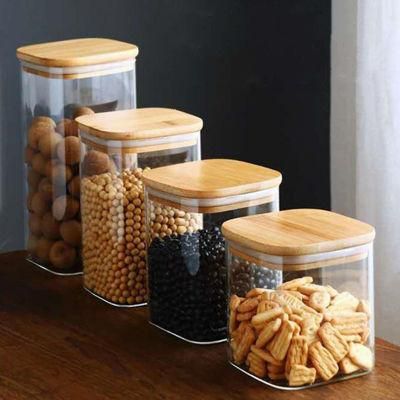 Square Shape Borosilicate Glass Packing Jar with Bamboo Lid