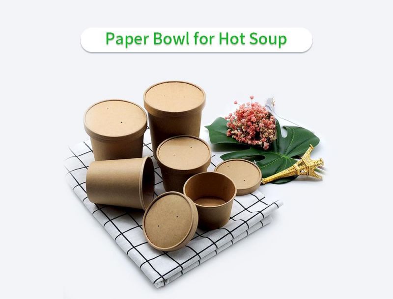 12oz Biodegradable Food Container Kraft Paper Soup Cups with Paper Cover