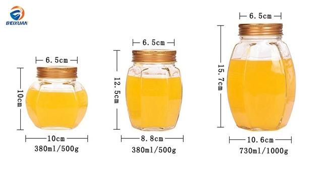 380ml Hexagonal Clear Glass Honey Jar Glass Bottle with Tinplate Cover