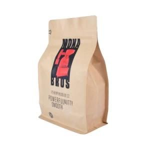 Custom Logo Organic 100% Compostable PLA Kraft Paper Ziplock Resealable Coffee Packaging Bag with One Way Valve Flat Bottom Bag
