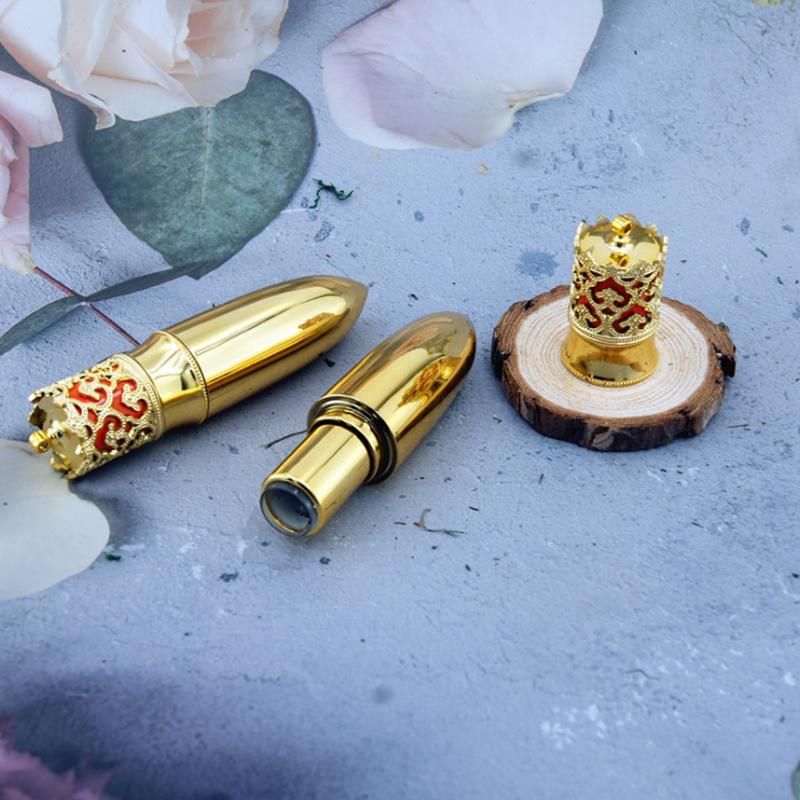 in Stock Ready to Ship Low MOQ High Quality Luxury Electroplated Gold Empty Round Bullet with Crown Lipstick Tube