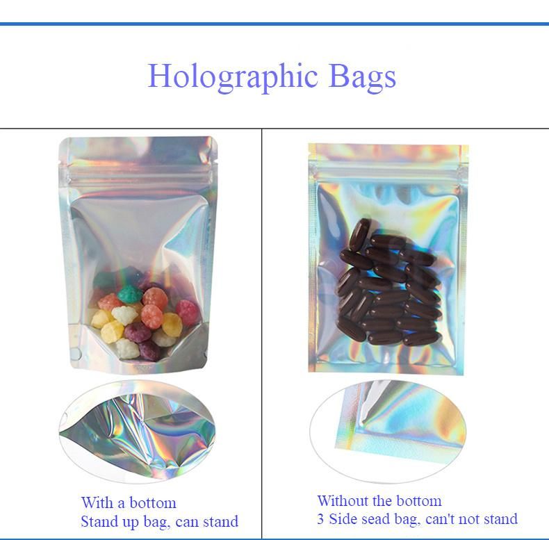Wholesale Custom Printed Resealable One Side Transparent Laser Pouch Packaging Cosmetic Holographic Zip Lock Bag