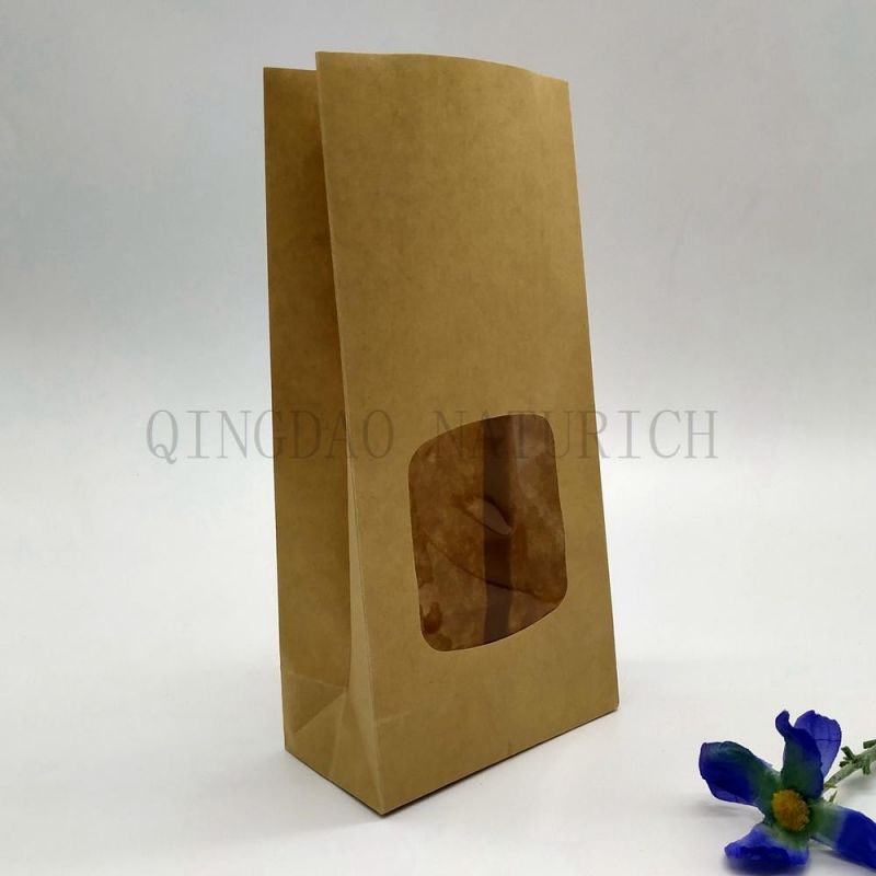 Square Block Flat Bottom Gusset Coffee Bean Tin Tie Dessert Kraft Paper Bag with Window