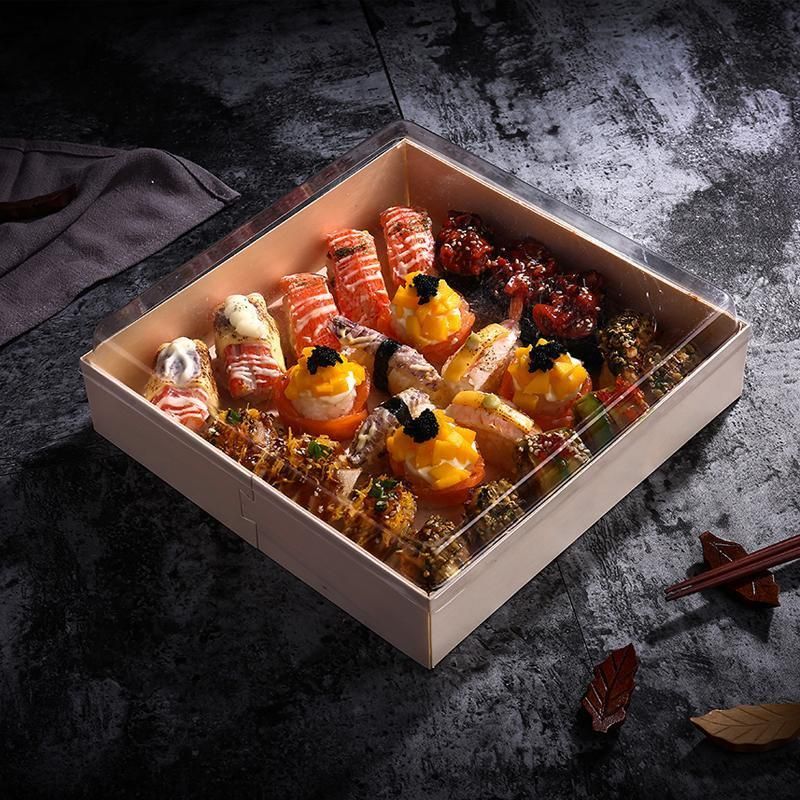 Eco-Friendly Biodegradable Take Away to Go Food Container Disposable Lunch Fast Food Box Wooden Customised Sushi Paper Transparent Plastic Meal Packaging Box