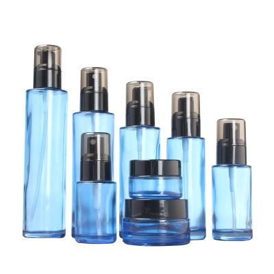 Blue Black Pump Lotion Bottle Glass Spray Bottle Cosmetic Jar
