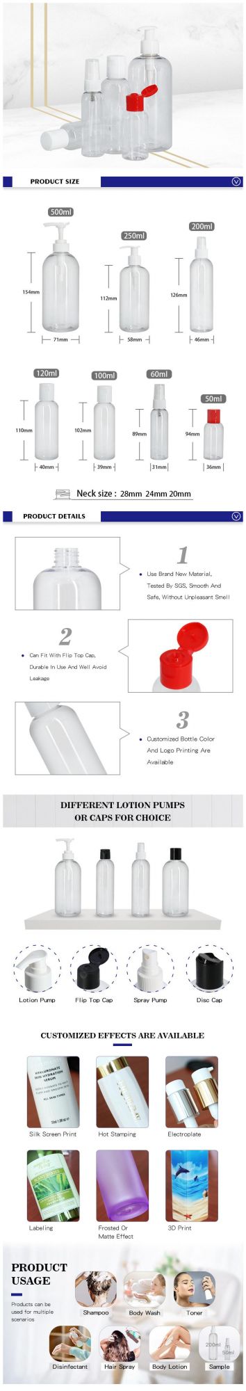 Hot Sale Plastic Hand Sanitizer Bottles Shampoo Bottle with Pump 100ml 200ml 500ml