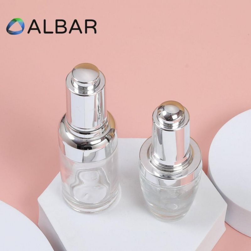 Silver Press Pump Cylinder Oval 30ml 50ml Cosmetics Glass Bottles with Droppers