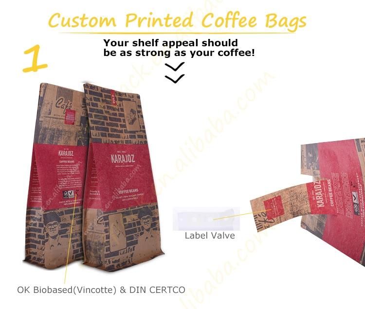 Full Printed 250g Eco Compostable Coffee Bag Biodegradable Ziplock Bag with One Way Valve