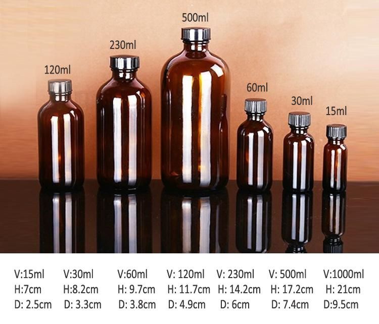 480ml 16oz Amber Boston Round Glass Beverage Essential Oil Bottle with Black Poly Cone Cap