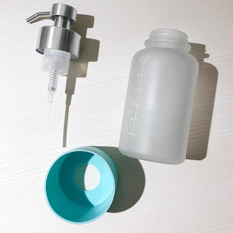 350ml 12oz Frosted Round Hand Sanitizer Hand Wash Pump Lotion Shampoo Dispenser Soap Glass Bottle with Silicone Sleeve