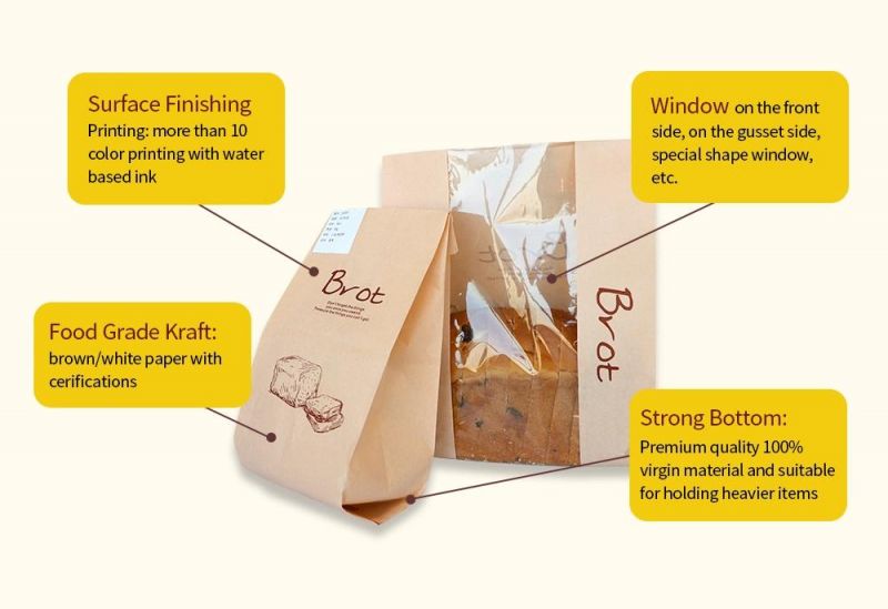 Printed White Kraft Bread Loaf Packaging Paper Bag with Plastic Window