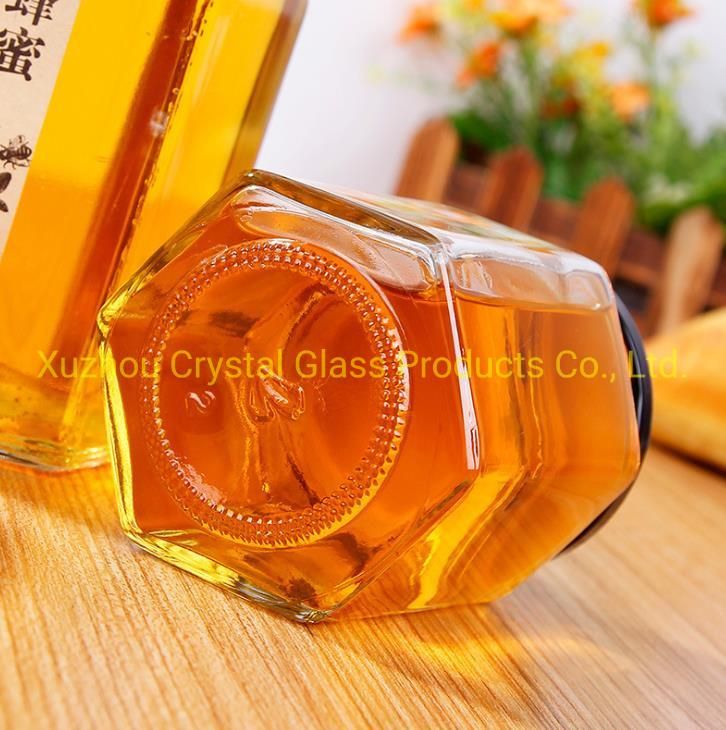 10 Oz Transparent Hexagon Glass Jar with Screw Lid for 500g Honey Packaging Use