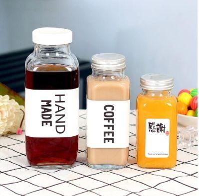 10oz 16oz Empty Square Glass Milk Tea Drinks Bottle with Metal Cap Factory Wholesale