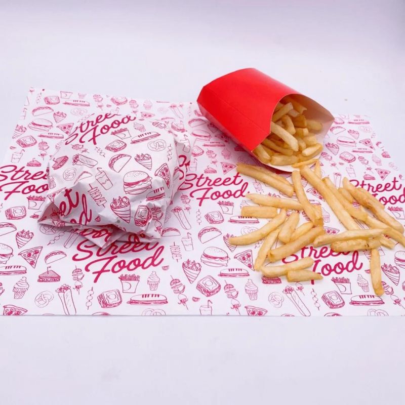 Custom Design Grease Proof Paper Sheet Oil Proof Paper Sheet for Fast Food Burger Sandwich Wrapping