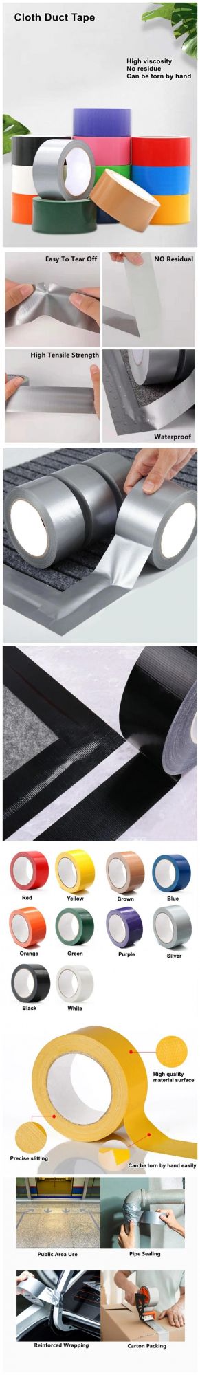 Waterproof Colored Hot Melt Single Side Rubber Duct Gaffa Sealing Custom Colorful Silver Black Book Binding Adhesive Cloth Tape