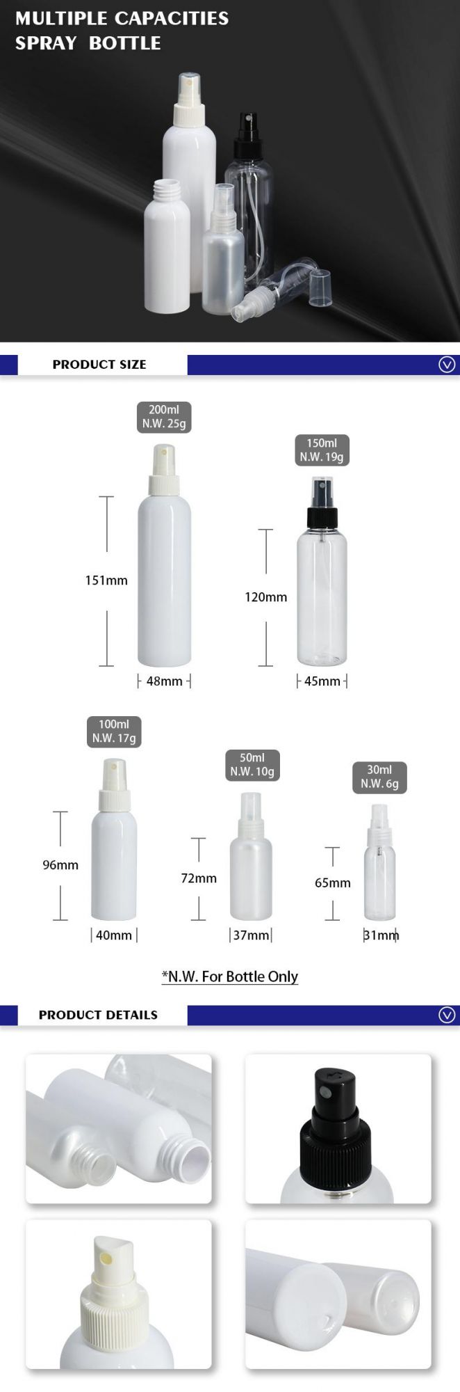 Hot Selling Pet 250ml 150ml 100ml 50ml 30ml Multiple Capacities Spray Bottle for Skincare