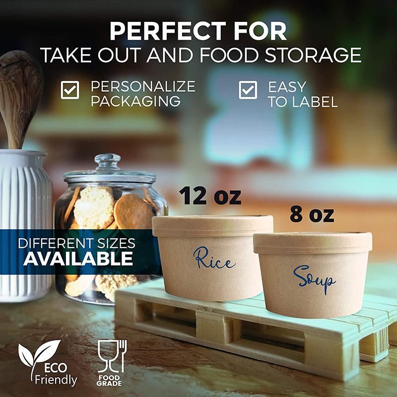 Freezer Containers and to Go Cups Durable Heavy Duty Pint Ice Cream Kraft Paper Soup Bowl with Lid