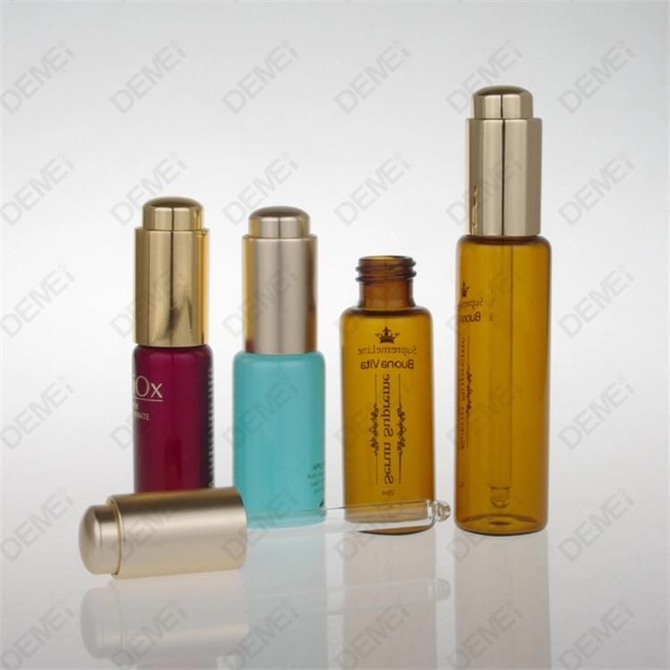 5ml-15ml Wholesale Cosmetic Packaging D23mm Stright Round Clear and Amber Serum Essential Oil Tube Glass Bottle with Gold Aluminum Press Button Dropper Cap