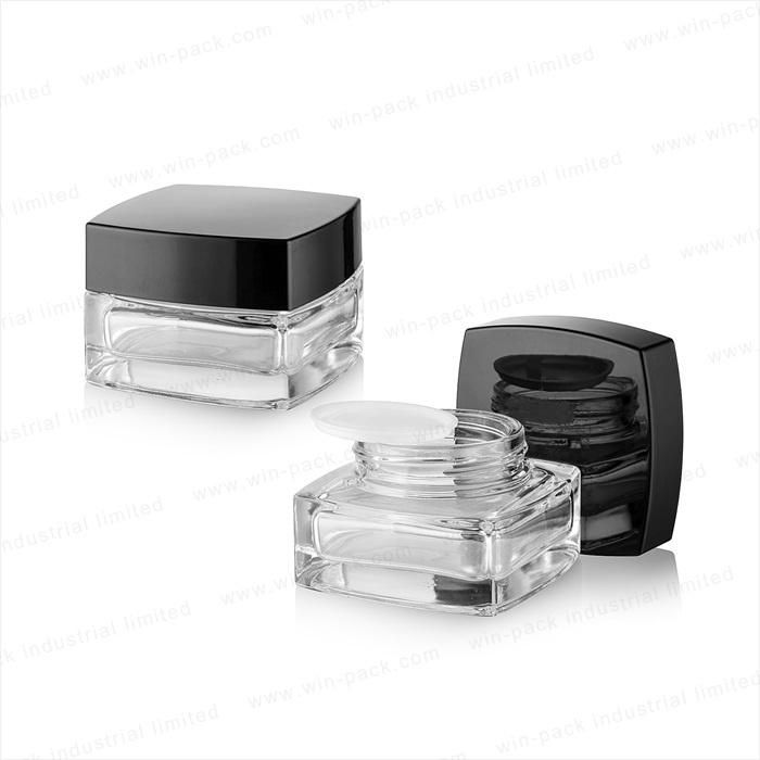 New Design Square Transparent Cream Jar Skin Care Square Black Cap Glass Container 30g 50g