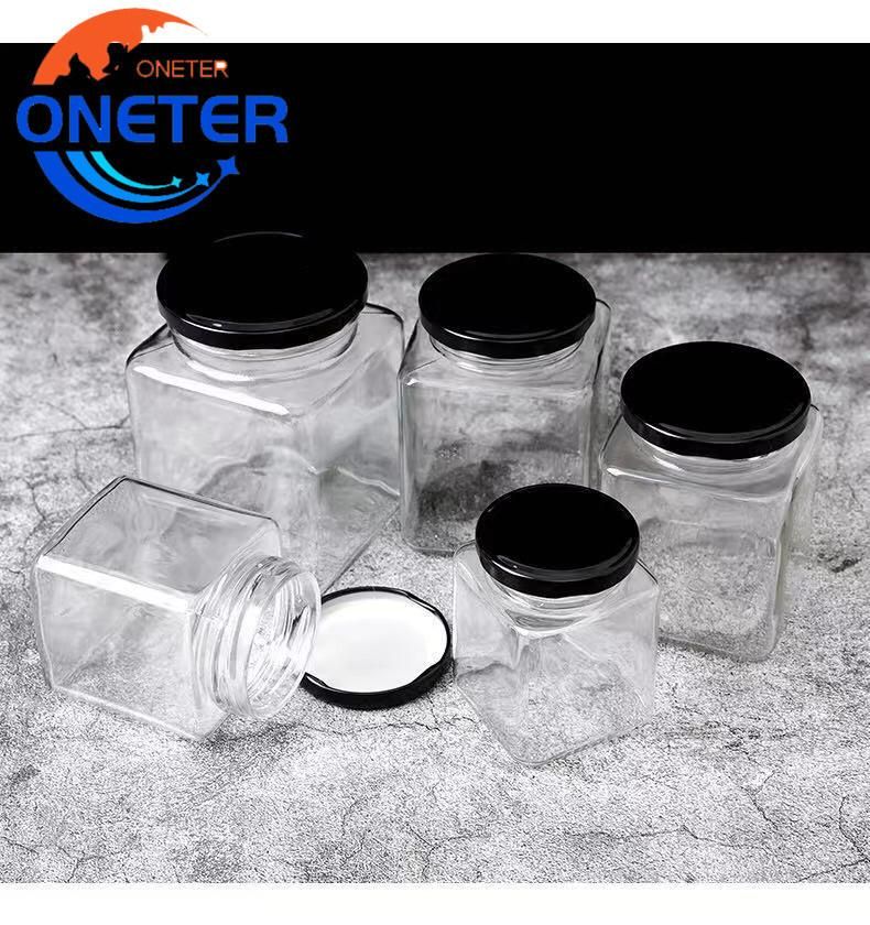 Wholesale Empty Square Clear Food Storage Container Honey Glass Jar with Metal Lid