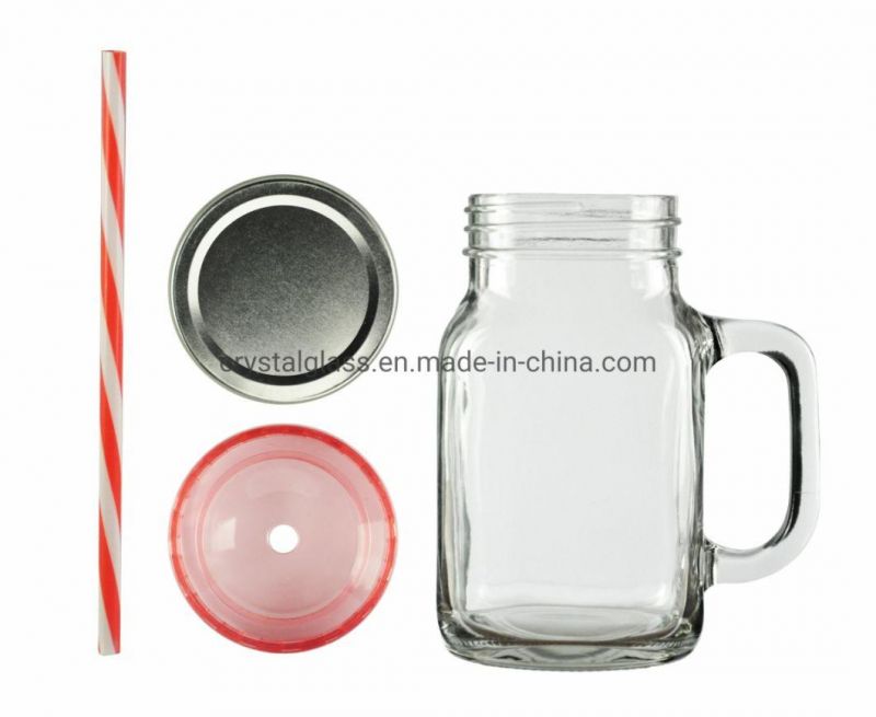 Wholesale 18 Oz Transparent Glass Beer Mug Drinking Mason Jar with Handle Lid and Straw