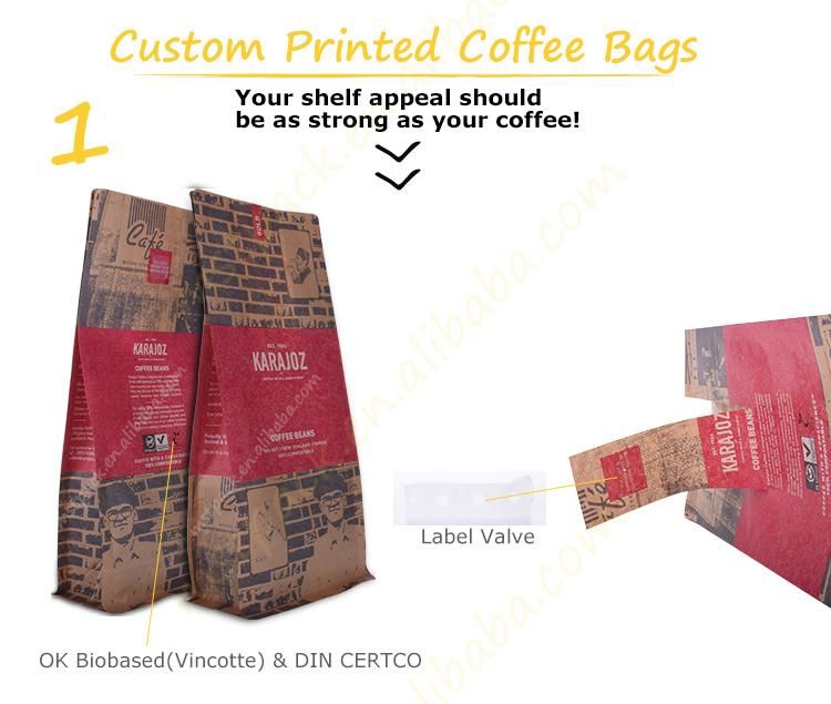 Wholesale Customized Laminated Material Square Bottom Flexible Eco Aluminum Foiled Packaging Biodegradable Degassing Valve Coffee Bags with Logo Printed