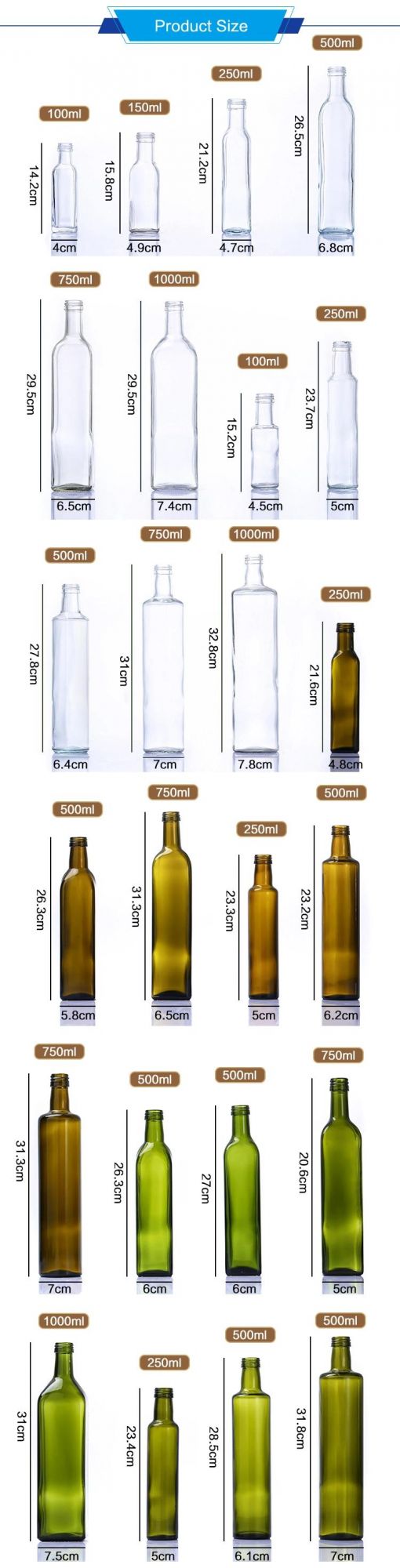 750ml 1L Empty Square Antique Green Marasca 1 Liter Glass Bottle for Olive Oil