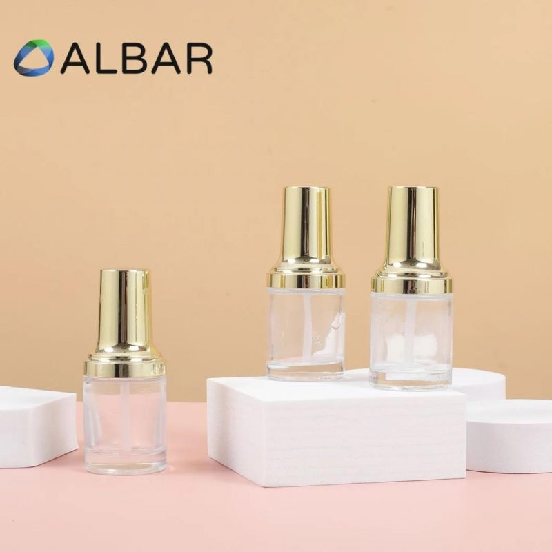 Short Cylinder Thick Bottom Flat Metal Shoulder Clear Glass Bottles for Cosmetics Face Care