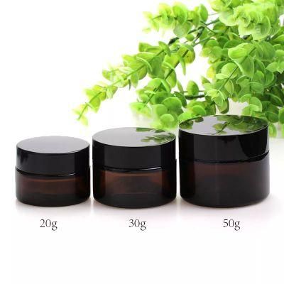 Round Amber 20 30 50g Glass Jar Straight Sided Cream Jars W/ Black Plastic Lid Cap &amp; Inner Liner Empty Cosmetic Containers
