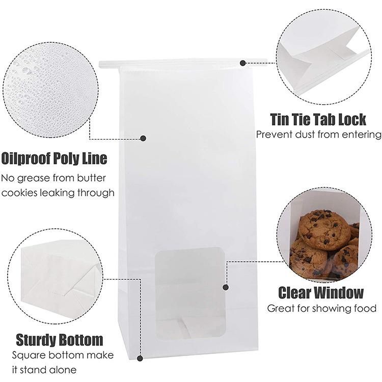 Square Block Bottom Tin Tie Paper Bag with Window for Food Bread Toast Packaging
