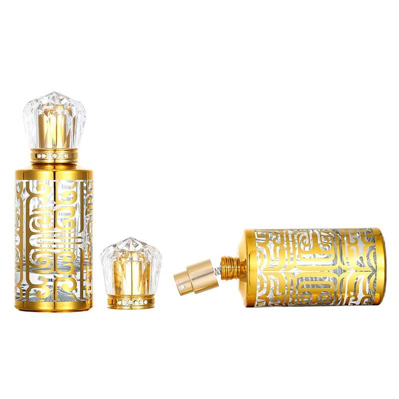 Cylindrical Electroplated Golden 50ml Glass Perfume Bottle Luxury Spray Bottle