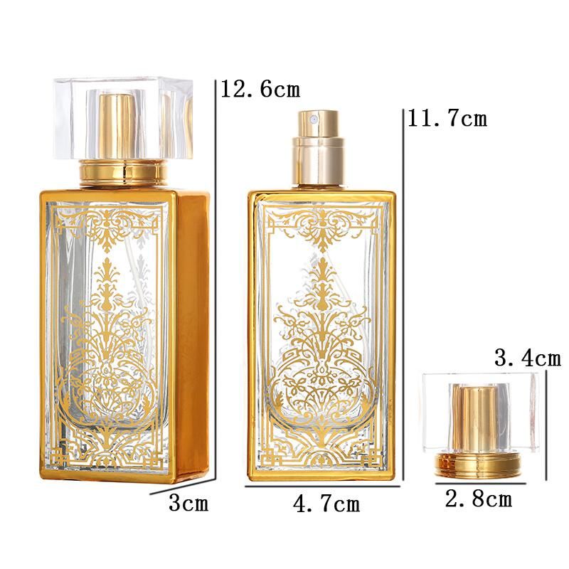 Luxury Rectangle Golden Pattern Perfume Bottle Crystal Gold Cover Transparent Sprayer Bottle