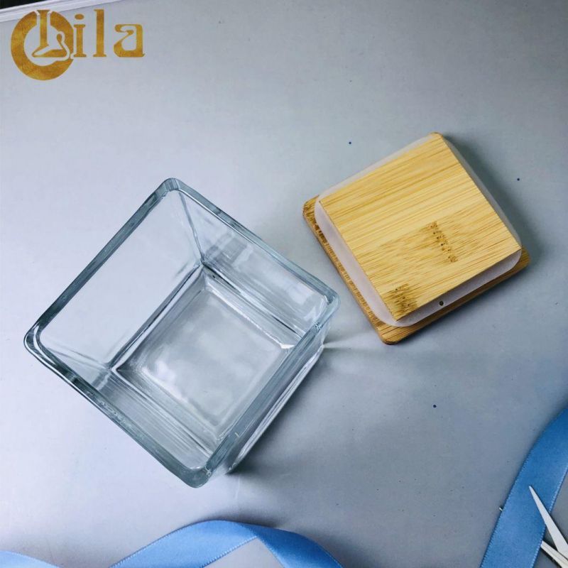 High-Quality Customized Wide Square Bube Candle Jars with Wood Bamboo Lids