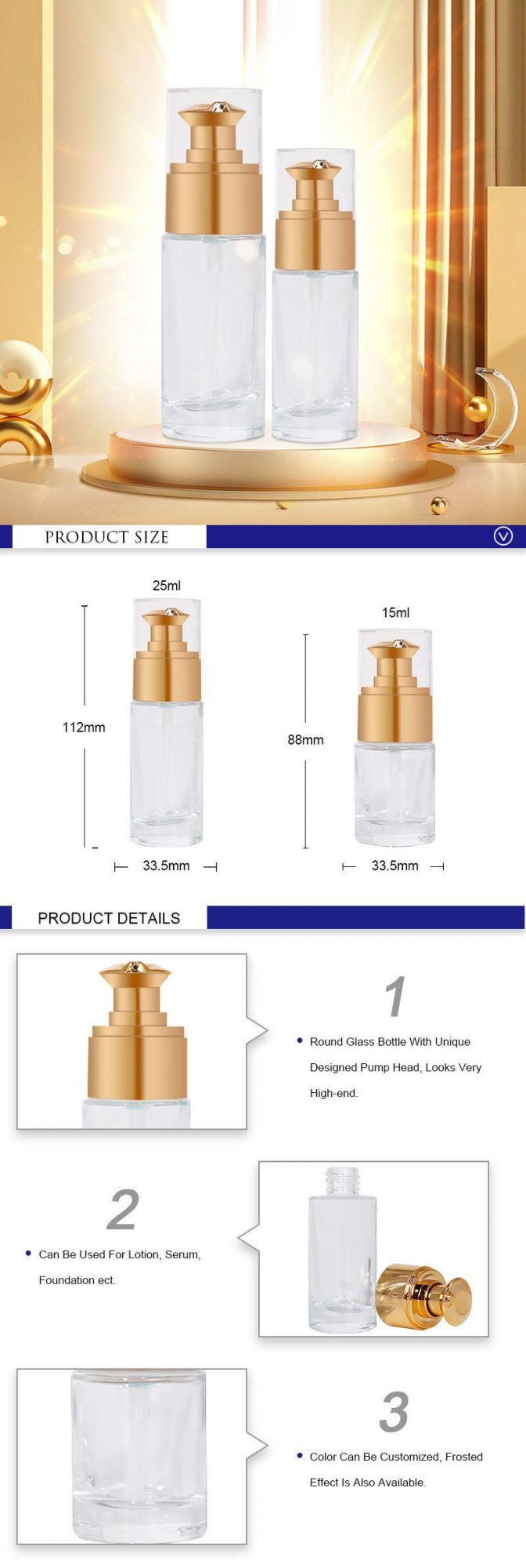 15ml 25ml Luxury Glass Lotion Bottles Round Refillable Makeup Cosmetic Packaging Bottle