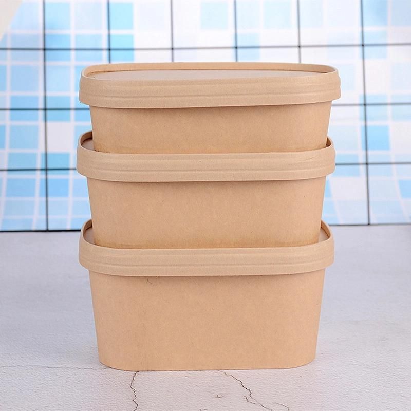 750ml Biodegradable Rectangle Takeaway Bowl White Paper Food Container Square Rectangular Salad Bowls with Lid