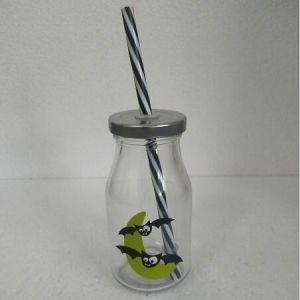 Creative Decal Printing Design 6oz Glass Milk Bottle with Sliver Lid &amp; Straw