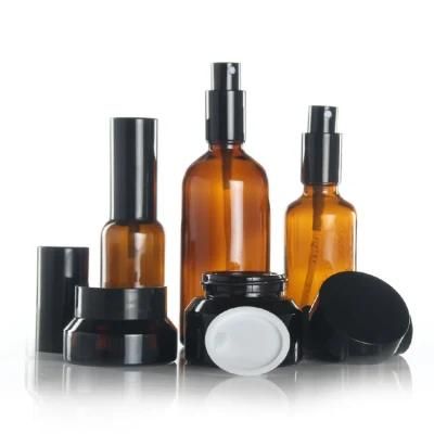 Brown Essential Oil Bottle Spray Inner Stopper Bottle, Emulsion Pressure Pump Head Glass Bottle Black Cap Brown