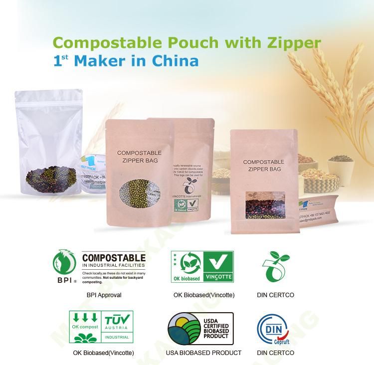 PLA Plastic Kraft Bags with Window Biodegradable PLA Food Tea Plastic Bag Coffee Beans/Beef Jerky/Snack