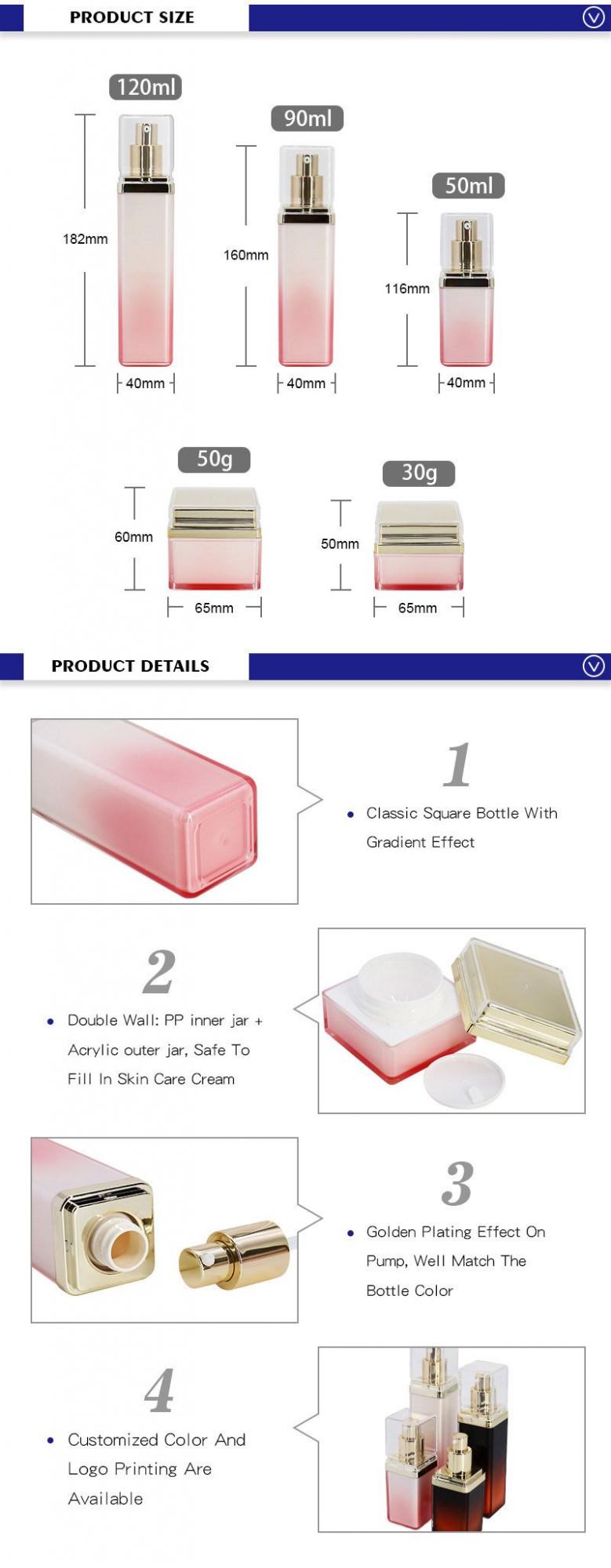 Plastic Gradient Effect Pink 30g 50g Square Cream Jar Packaging