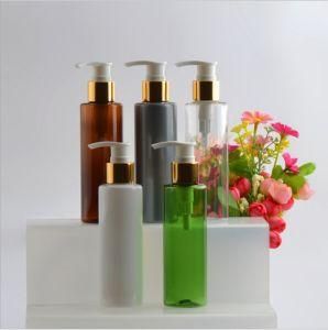 150ml Pet Plastic Flat Shoulder Cosmetic Shower Gel Shampoo Bottle with Gold and Silver Lotion Pump