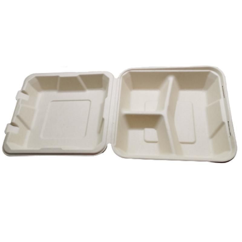 Biodegradable Food Packaging Clamshell Sugarcane Pulp Bagasse 3 Compartment